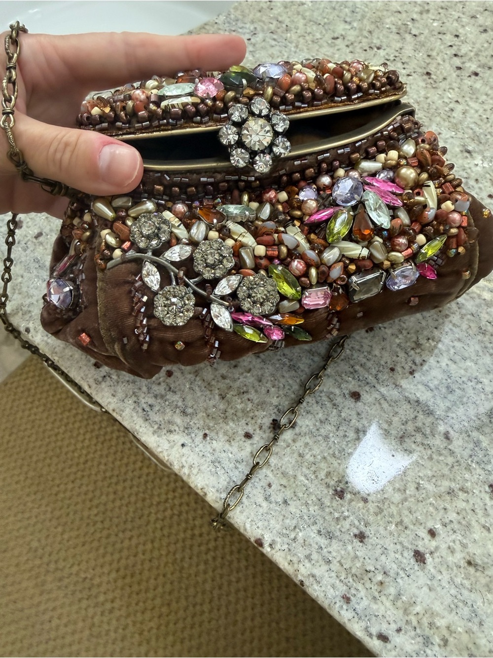 Mary Frances Embellished Brown Velvet Beaded Evening Clutch with Chain Strap